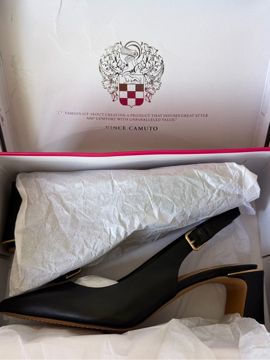 Vince Camuto Black Leather Pointed Slingback Pump with Block Heel